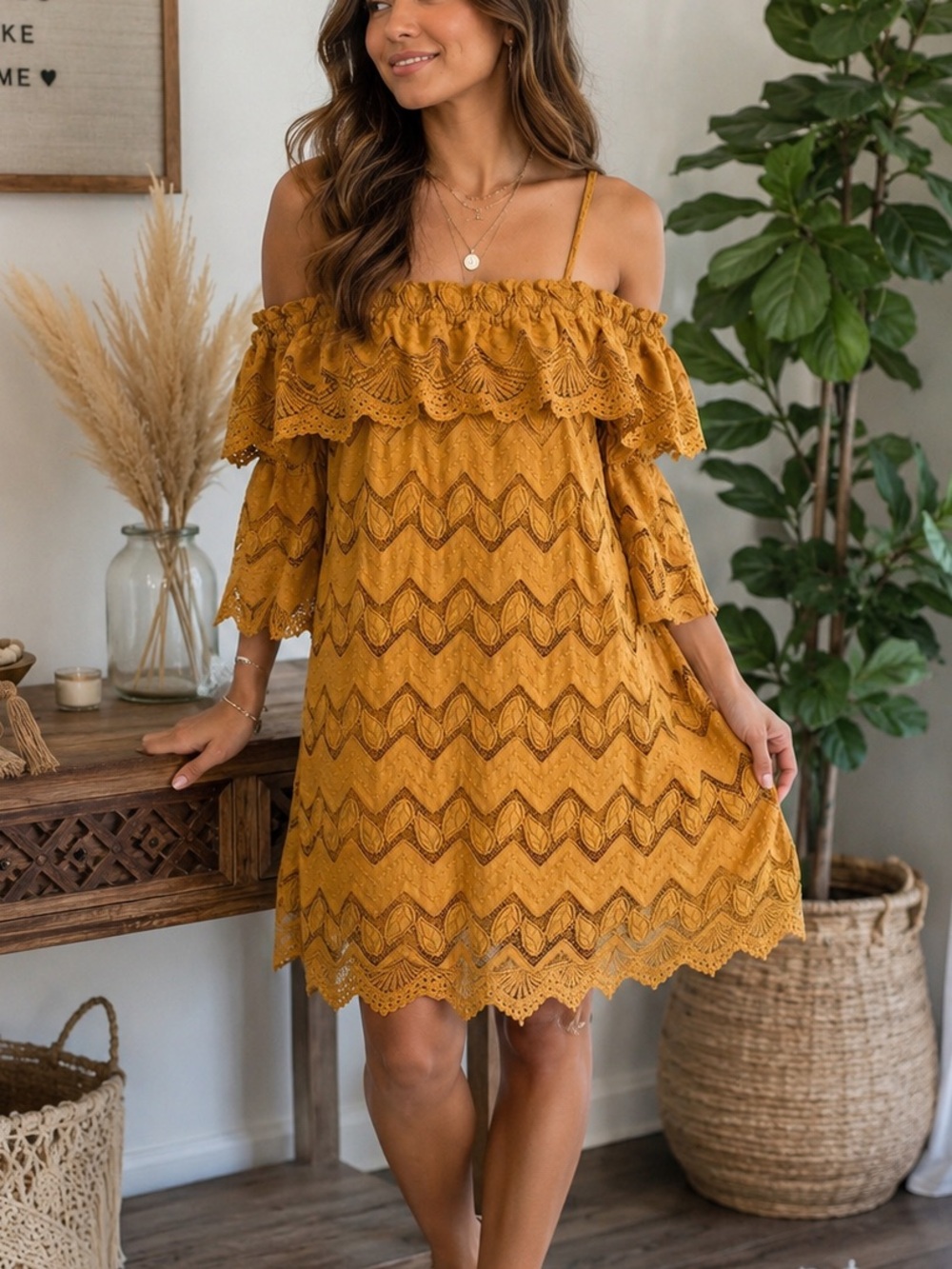 Boho Lace Off-Shoulder Mini Dress in Mustard